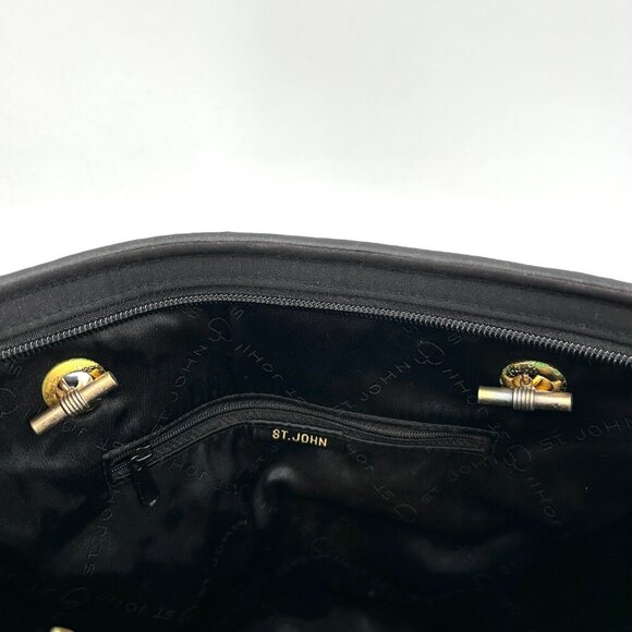 ST. JOHN Vintage Black Gold Tone Quilted Fabric Medium Shoulder Bag Purse - Picture 11 of 14